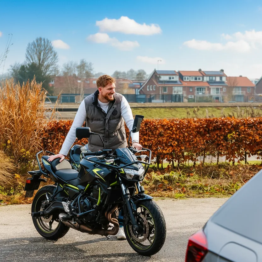 Leerling bij de lesmotor van Rijschool Ton van den Bos langs de weg