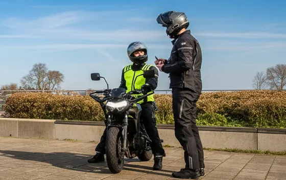 Een motorinstructeur geeft uitleg aan een leerling naast een lesmotor