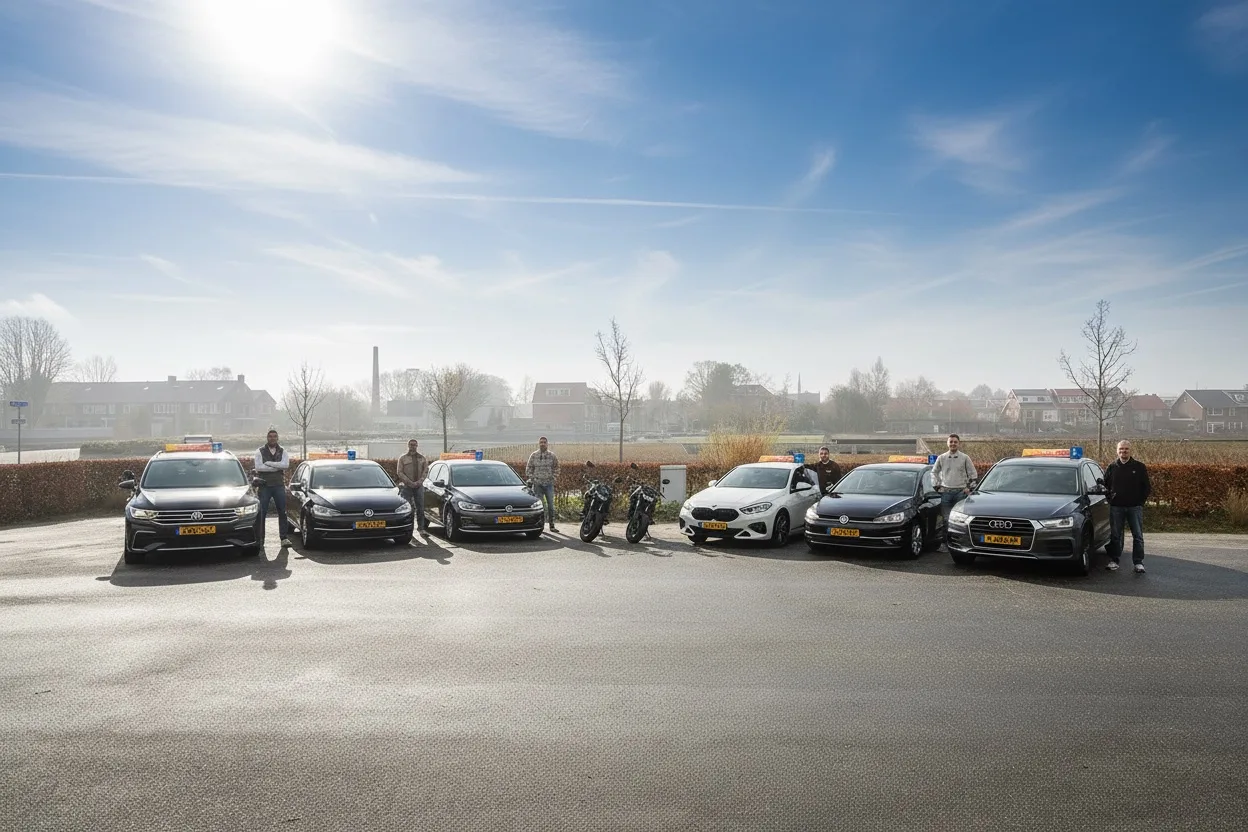 Het wagenpark van Rijschool Ton van den Bos met instructeurs naast de lesauto's en twee motoren