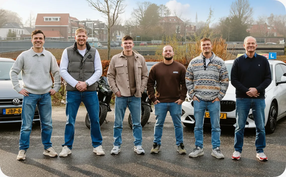 Het team van Rijschool Ton van den Bos naast de lesauto's