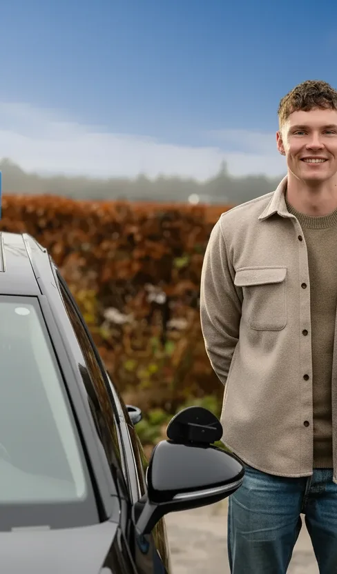 Leerling van Rijschool Ton van den Bos naast een lesauto met L-bord